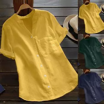 Женская хлопковая льняная повседневная рубашка с коротким рукавом, блузка на пуговицах, топы XXXL тёмно-синий