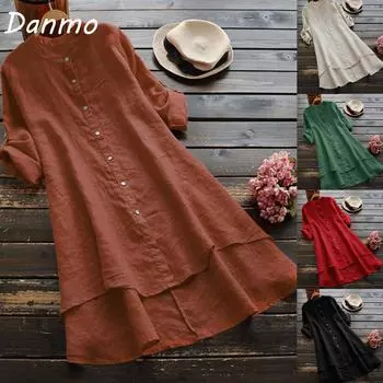 Женская хлопковая льняная рубашка с длинным рукавом Danmo, свободная повседневная рубашка, высокие низкие блузки, топы XL светло-зеленый