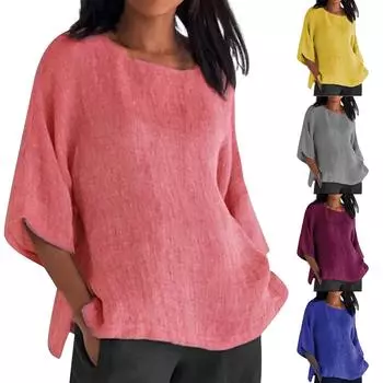 Женская хлопковая льняная рубашка с круглым вырезом и рукавами семь четвертей XL жёлтый