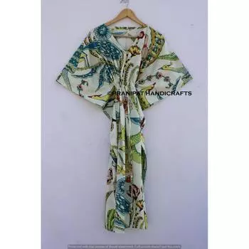 Женская хлопковая летняя белая одежда для сна в стиле хиппи с принтом павлина, длинное платье-кафтан макси CKFTN-SCRN-FULL-BUYIT-115