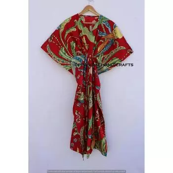 Женская хлопковая летняя красная одежда для сна в стиле хиппи с принтом павлина, длинное платье-кафтан макси CKFTN-SCRN-FULL-BUYIT-116