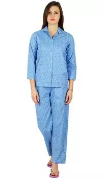 Женская хлопковая ночная одежда Bimba, пижамный комплект с принтом, рубашка с длинными рукавами 10 синий