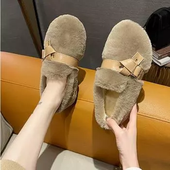 Женская хлопковая обувь 2025 года, зимняя новая корейская версия, удобная хлопковая обувь для отдыха на природе, с пряжкой на ремне, плюшевая, пушистая, теплая женская обувь 35 чёрный