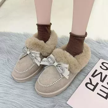 Женская хлопковая обувь, осенне-зимняя теплая женская обувь с круглой головкой и плоской подошвой, большая женская обувь, плюшевая обувь 36 чёрный