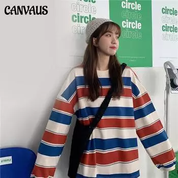 Женская хлопковая одежда, женская футболка, осенне-зимняя полосатая корейская версия, свободная куртка с длинными рукавами для ленивого ветра, топ для студентов M