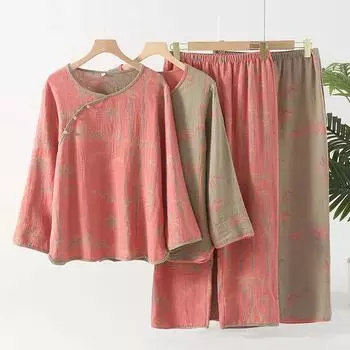 Женская хлопковая пижама с принтом бамбука, окрашенная в пряже, с круглым вырезом, с длинными рукавами в стиле ретро, домашняя одежда, свободная одежда для отдыха и домашняя одежда в стиле ретро M