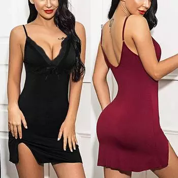 Женская хлопковая пижама с V-образным вырезом, ночная рубашка, кружевное нижнее белье, платье скольжения L чёрный