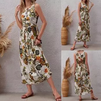 Женская хлопковая пляжная повседневная юбка без рукавов с принтом весной и летом XXL бежевый