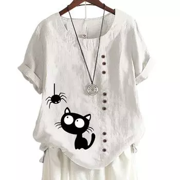 Женская хлопковая повседневная футболка с 6 рисунками животных и растений, круглым вырезом, короткими рукавами, украшением на пуговицах S