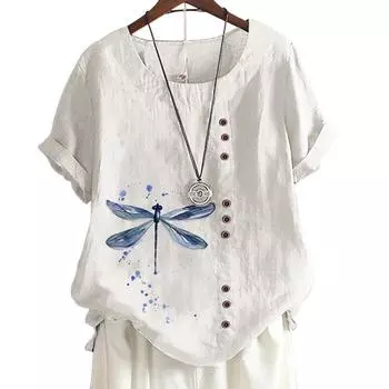 Женская хлопковая повседневная футболка с 6 рисунками животных и растений, круглым вырезом, короткими рукавами, украшением на пуговицах S