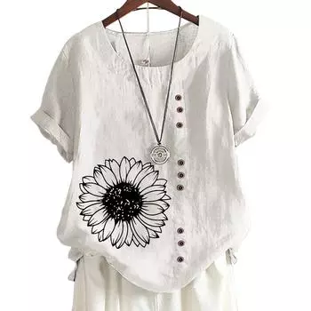 Женская хлопковая повседневная футболка с 6 рисунками животных и растений, круглым вырезом, короткими рукавами, украшением на пуговицах S