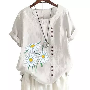 Женская хлопковая повседневная футболка с 6 рисунками животных и растений, круглым вырезом, короткими рукавами, украшением на пуговицах S