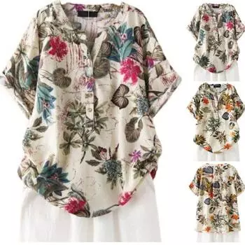 Женская хлопковая рубашка, модные женские топы с цветочным принтом, кафтановая сорочка, летние блузки с короткими рукавами, повседневная туника с круглым вырезом 6XL фиолетовый