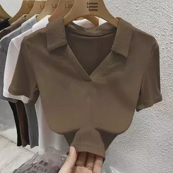 Женская хлопковая рубашка-поло 2024 года с V-образным вырезом и длинными рукавами в стиле ретро XL серый