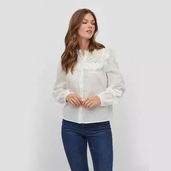 Женская хлопковая рубашка с длинными рукавами и воланным воротником с английской вышивкой VILA