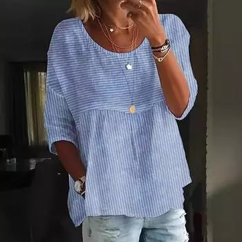 Женская хлопковая рубашка с модным круглым вырезом и рукавами девять четвертей, блузки, разноцветная полосатая рубашка Doll, повседневный свободный женский топ S синий