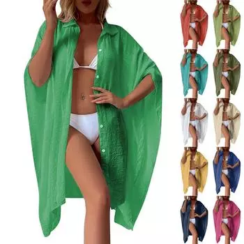 Женская хлопковая рубашка, свободный пляжный кардиган, праздничный солнцезащитный крем, бикини, купальник, внешний кардиган One Size