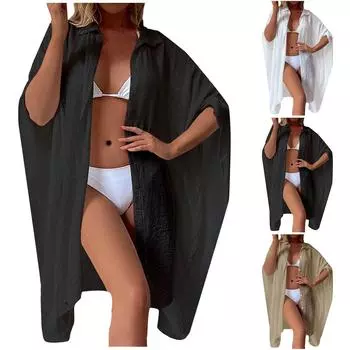 Женская хлопковая рубашка, свободный пляжный кардиган, праздничный солнцезащитный крем, бикини, купальник, внешний кардиган One Size чёрный