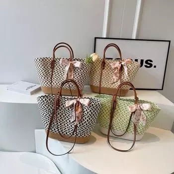 Женская хлопковая сумка через плечо, модная сумка-тоут с бантом и шарфом, большая вместительная сумка-корзина для овощей
