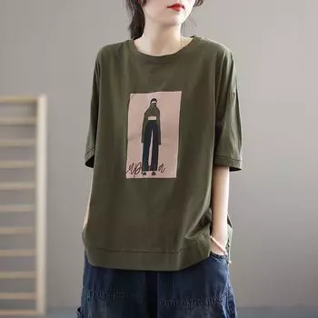 Женская хлопковая свободная футболка Женская модная ретро футболка с мультяшным принтом свободный пуловер повседневные футболки с короткими рукавами лето 2024 XXL белый