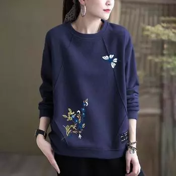 Женская хлопковая темпераментная литературная блузка с круглым вырезом и длинными рукавами на весну и осень, свободный дизайн, толстовка с капюшоном L чёрный