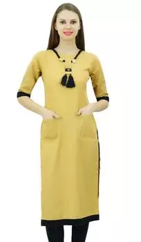 Женская хлопковая туника Bimba Khadi Chic Kurta Kurti с прикрепленным ожерельем ручной работы 10 темно-синий