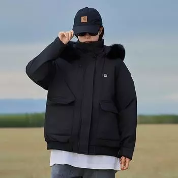 Женская хлопковая утепленная одежда 2024 года, зимняя новая короткая утолщенная хлопковая одежда, маленькая свободная куртка с большим меховым воротником S чёрный