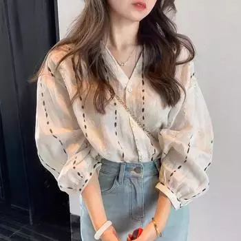 Женская хлопково-льняная блузка с V-образным вырезом и длинными рукавами - Весенне-осенний свободный повседневный стиль M
