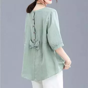 Женская хлопково-льняная блузка с винтажным принтом и бантом, летняя простая повседневная рубашка с коротким рукавом, универсальные удобные топы S белый