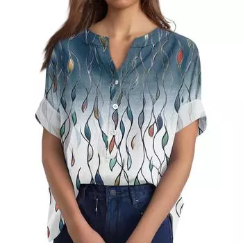 Женская хлопково-льняная футболка с круглым вырезом, коротким рукавом и пуговицами, футболка с принтом L синий