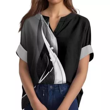 Женская хлопково-льняная футболка с круглым вырезом, коротким рукавом и пуговицами, футболка с принтом XL чёрный