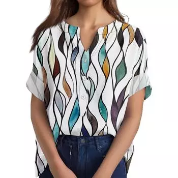 Женская хлопково-льняная футболка с круглым вырезом, коротким рукавом и пуговицами, футболка с принтом M