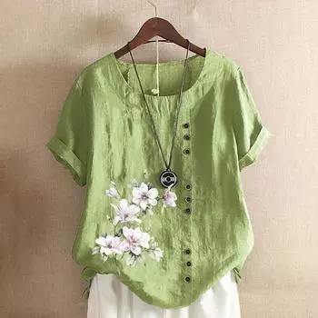 Женская хлопково-льняная футболка с круглым вырезом, коротким рукавом и пуговицами, футболка с принтом