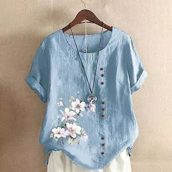 Женская хлопково-льняная футболка с круглым вырезом, коротким рукавом и пуговицами, футболка с принтом