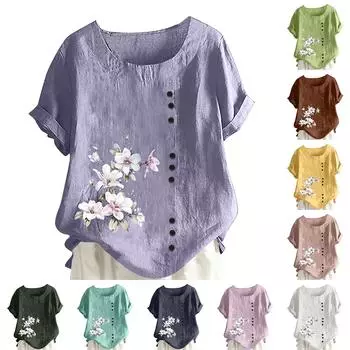 Женская хлопково-льняная футболка с круглым вырезом, коротким рукавом и пуговицами, футболка с принтом