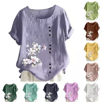 Женская хлопково-льняная футболка с круглым вырезом, коротким рукавом и пуговицами, футболка с принтом L армия зеленый