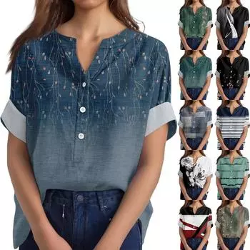Женская хлопково-льняная футболка с круглым вырезом, коротким рукавом и пуговицами, футболка с принтом XXXL