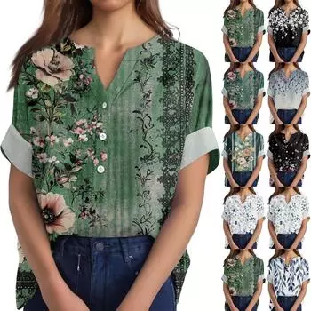 Женская хлопково-льняная футболка с круглым вырезом, коротким рукавом и пуговицами, футболка с принтом L синий