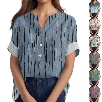 Женская хлопково-льняная футболка с круглым вырезом, коротким рукавом и пуговицами, футболка с принтом S