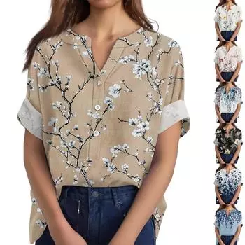 Женская хлопково-льняная футболка с круглым вырезом, коротким рукавом и пуговицами, футболка с принтом XXL бежевый