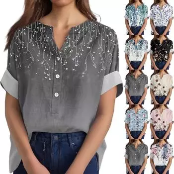 Женская хлопково-льняная футболка с круглым вырезом, коротким рукавом и пуговицами, футболка с принтом XXL синий