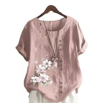 Женская хлопково-льняная футболка с круглым вырезом, коротким рукавом и пуговицами, футболка с принтом L розовый