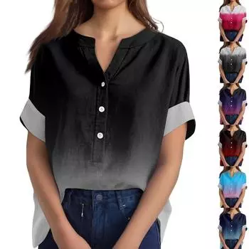 Женская хлопково-льняная футболка с круглым вырезом, коротким рукавом и пуговицами, футболка с принтом S