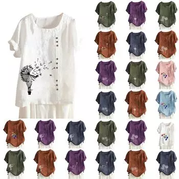 Женская хлопково-льняная футболка с круглым вырезом, коротким рукавом и пуговицами, футболка с принтом