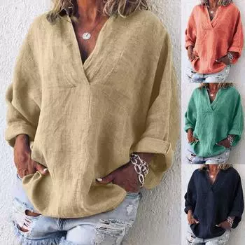 Женская хлопково-льняная кафтан в стиле бохо с длинным рукавом, женская мешковатая блузка, футболка, топы L зелёный