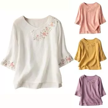 Женская хлопково-льняная однотонная рубашка с рукавами 3/4, свободная блузка с круглым вырезом, пуловер, топ XXL белый