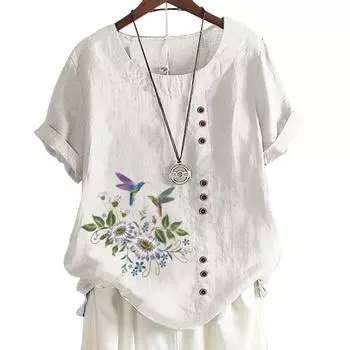 Женская хлопково-льняная повседневная футболка с милым животным принтом, круглым вырезом и короткими рукавами, украшение на пуговицах, S-5XL S