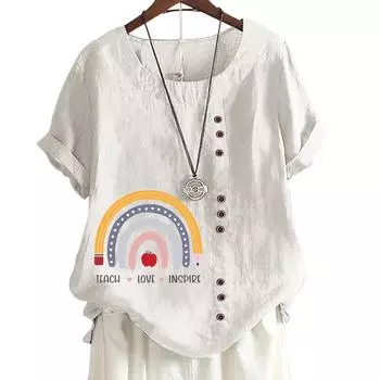 Женская хлопково-льняная повседневная футболка с милым животным принтом, круглым вырезом и короткими рукавами, украшение на пуговицах, S-5XL S