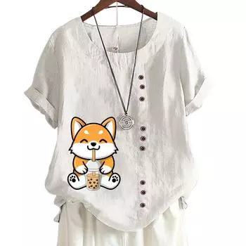 Женская хлопково-льняная повседневная футболка с милым собачьим принтом, круглым вырезом и короткими рукавами, украшение на пуговицы, S-5XL S