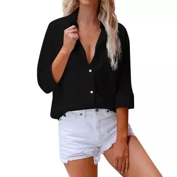 Женская хлопково-льняная рубашка с длинным рукавом и лацканами, однотонная рубашка S синий